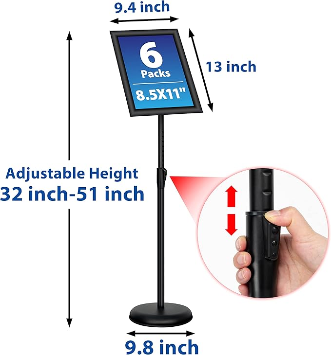 VAIIGO 6Packs 8.5x11 Inch Adjustable Pedestal Poster Sign Stand, Heavy Duty Floor Standing Sign Holder Stand Aluminum Snap Open Frame for Vertical and Horizontal View Sign Displayed(Black)