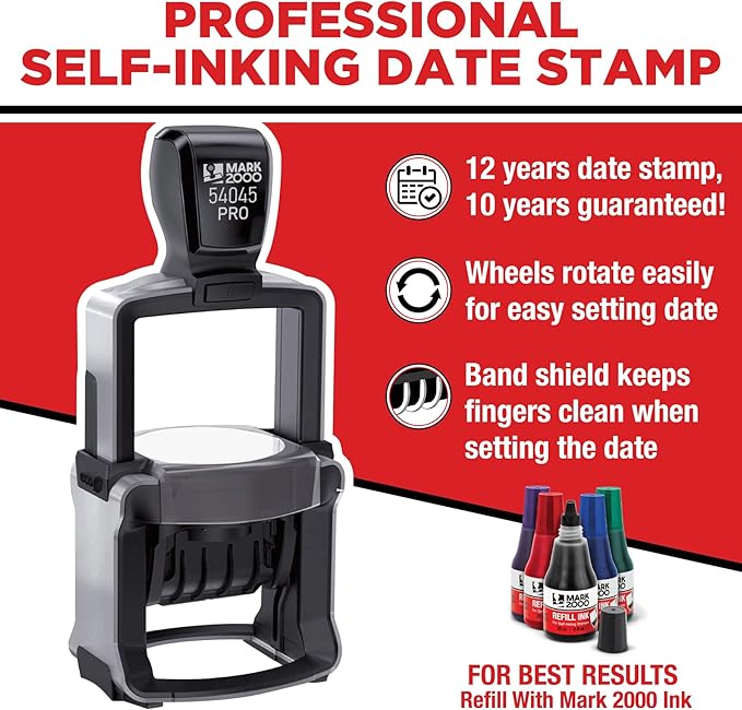 Mark 2000 54045 Professional Self Inking Round Date Stamp with Custom Text