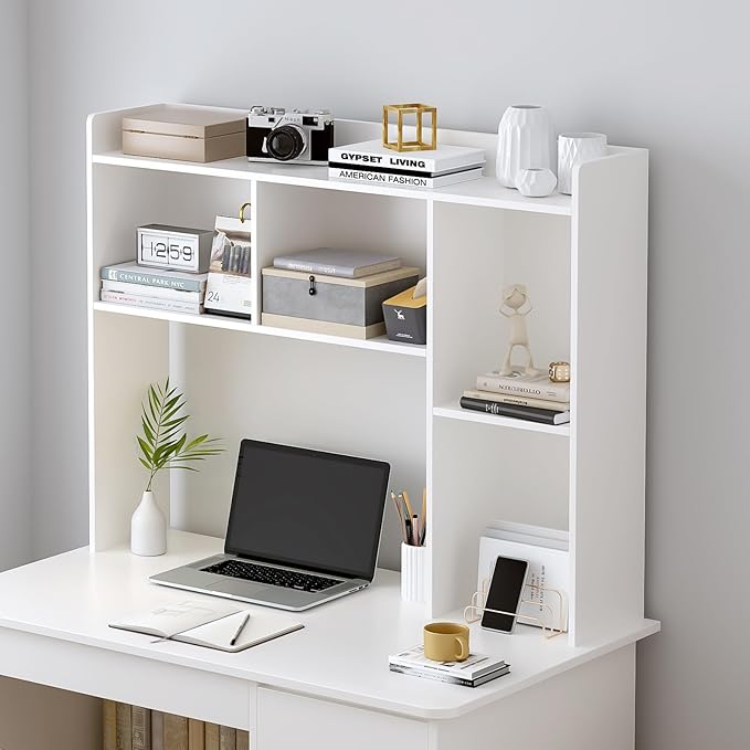 OSCHF Wooden Desktop Hutch Bookshelf - Free Standing Desk Storage Shelf with Top Edge for Computer Desk, Desktop Bookcase for Dorm, Home or Office, Countertop Organizer, White, 45.3"