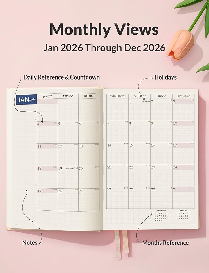 SUNEE 2026 Daily Planner A5 Hardcover – Hourly Schedule Organizer with Monthly Tabs & Task Tracker – Beige Cover Time Management Notebook for Work, School, Personal Goals