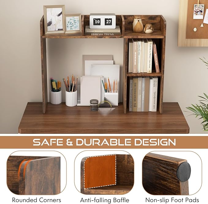 Tangkula Desktop Bookshelf, Countertop Storage Hutch with 5 Shelves for Computer Desk, 3-Tier Display Rack, Multipurpose Wood Desktop Hutch Storage Organizer for Dorm Office, Brown