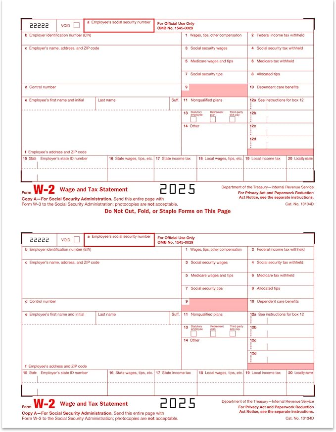 W2 Forms 2025, 6 Part Tax Forms, 25 Employee Kit of Laser Forms Designed for QuickBooks and Accounting Software, 25 Self Seal Envelopes Included