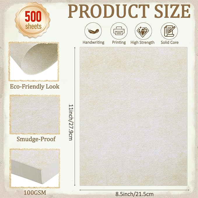 Tosstuki 500 Sheets Parchment Paper for Certificates 8.5 x 11'' 100 GSM Double Sided Printer Stationery Resume Paper Bulk Letter Size for Resumes Diplomas Crafts Business Cards Invitations, Ivory