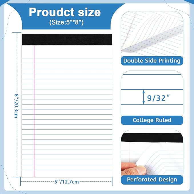 Thboxes 6 Pack Legal Pad 5x8, 180 Sheets Small Note Pad College Ruled Writing Pad Perforated Notepad for School, Office, To-Do Lists Grocery List Shopping List, 30 Sheets White