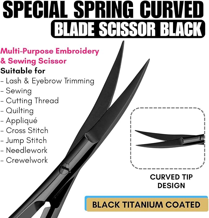 Cross Edge Curved Spring Scissors 5 Inch Stainless Steel Precision Eyebrow & Eyelash Shaping & Trimming Scissor, Snips Squeeze, Embroidery, Knitting Micro Tip Craft Scissors (Black)