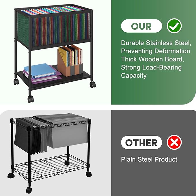 Sbanmao Rolling File Cart, Mobile File Cabinet with Wheels Hanging Files, Metal Hanging File Folder Cart File Organizer Fit Letter Size for Home Office, Black (Patent Pending)