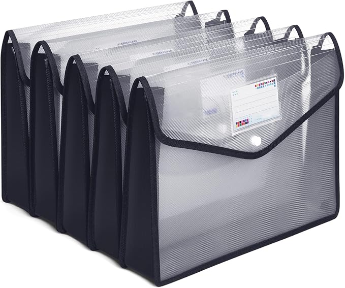 Plastic File Folders, Waterproof Transparent Expandable File Organiser, Portable Large Capacity A4B4 File Wallet for Office/Business/School (5 Pack)