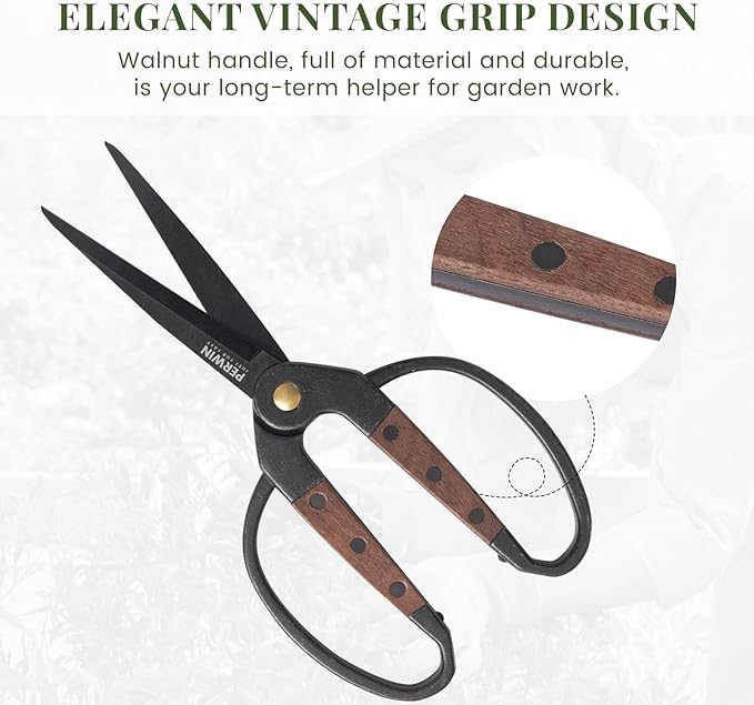 PERWIN Garden Flower Bonsai Scissors,Walnut Wide Handles Pruning Gardening Scissors Floral Shears for Gardening,Succulent Harvest, and Precision Plant Trimming Care