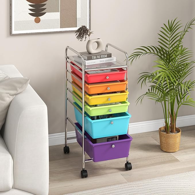 RELAX4LIFE 6-Drawer Rolling Storage Cart - Classroom Organization on Wheels w/Removable Plastic Drawers, Mobile Art Craft Cart for School Paper Home Office, Utility Cart with Drawers (Multicolor)