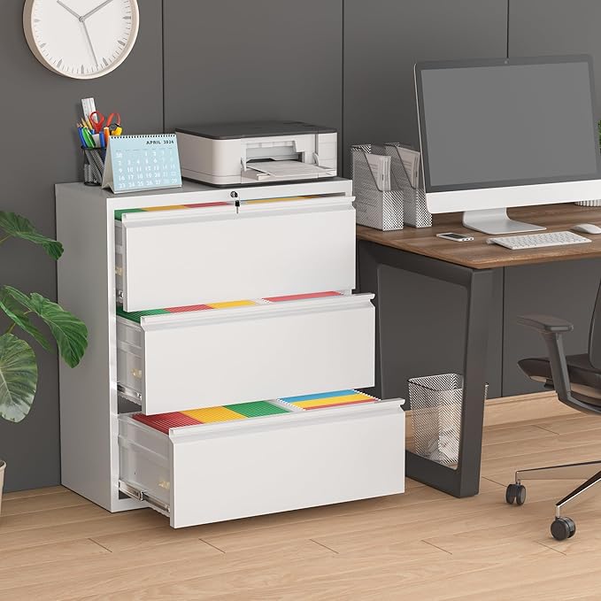 Pataku Metal Lateral File Cabinet with Lock, Steel Filing Cabinet 3 Drawer, Locking Office Home Wide Organization File Cabinets for Hanging Files Letter/Legal/F4/A4 Size, (White-3Drawer)