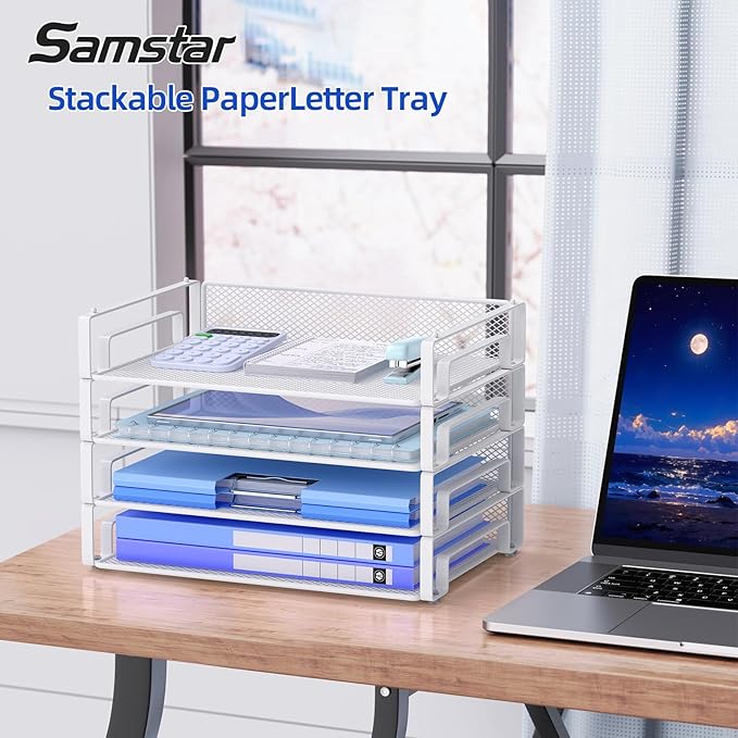 Samstar 4 Pack White Stackable Letter Paper Tray, Desk File Organizer Paper Sorter for Letter/A4 Size Folders Documents, Mesh Made,White