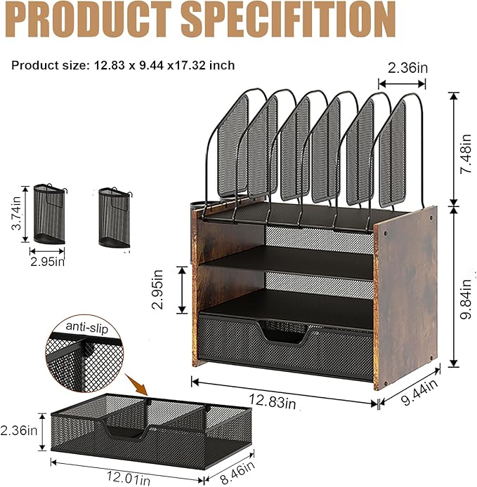 Boershun Wood Desk Organizer - 4-Tier Desktop File Organizer with Drawer, Wooden Paper Tray, Vertical File Holders & 2 Pencil Holders - Office Desk Organizer for Papers, Mail, Notebooks, Stationery