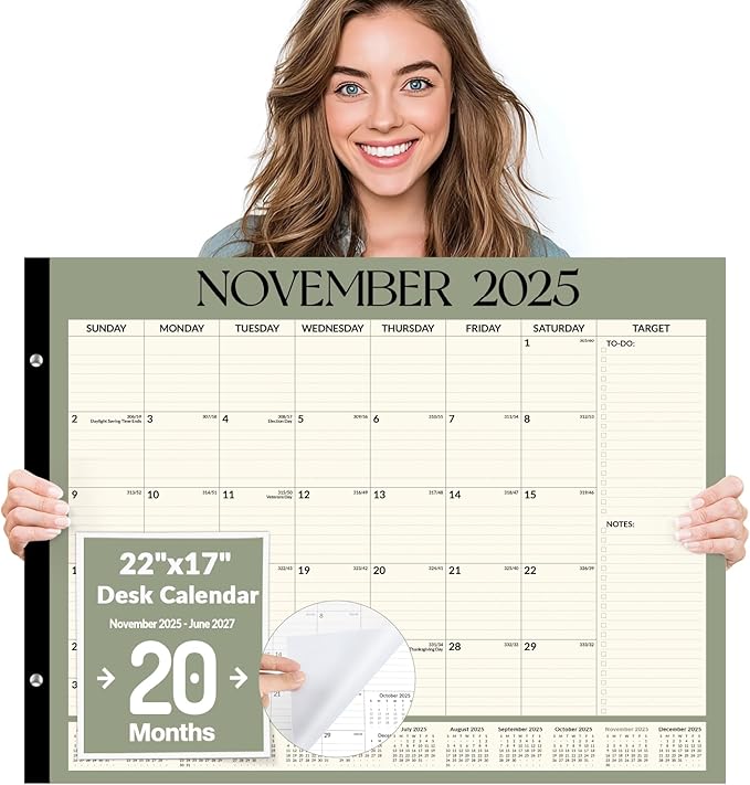 Forvencer 22" x 17" Large Desk Calendar 2026, 20 Months Calendar Runs from November 2025 to June 2027, 2026 Desk Calendar Monthly Planner with Plastic Cover for Home School Office, Green