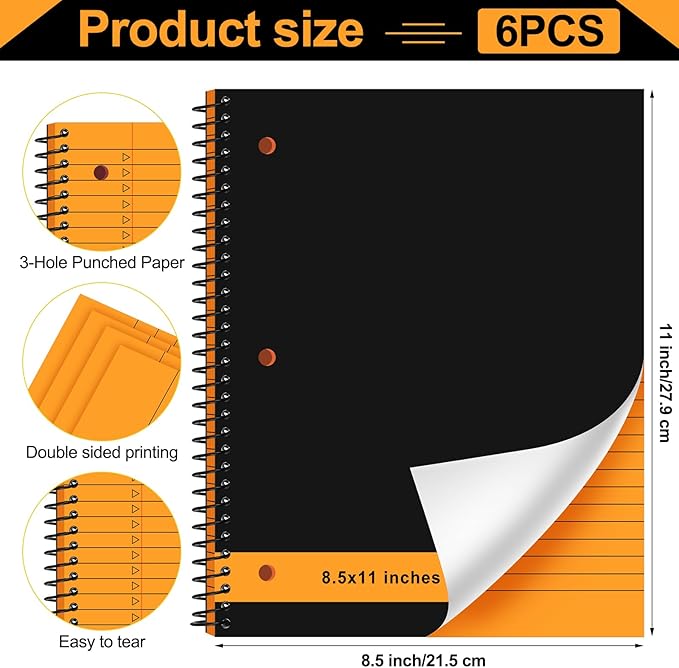 Resurhang 6 Pcs Legal Pad Top Spiral Bound Notebook 70 Sheets Double Sided College Ruled Paper Notepad Memo Steno Pad with Stiff Cover for Business College(8.5 x 11 Inches,3 Hole Punch,Bright Colors)