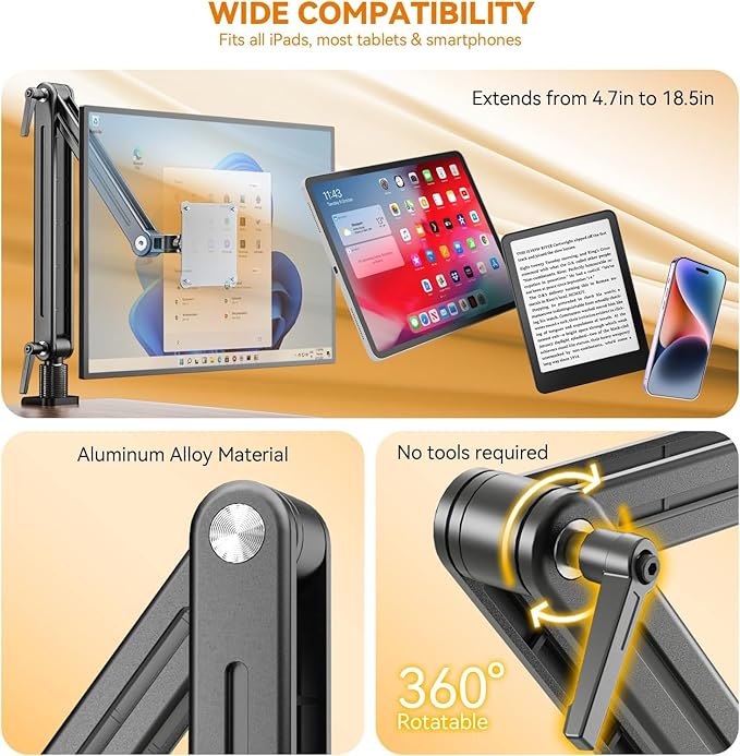 Feising Portable Monitor Stand Desk Mount for iPad Vesa Mount - 360 Swivel Magnetic Adjustable Tablet Arm Holder for 10-18.5 inch Screen, Compatible with iPad Pro FS07B1