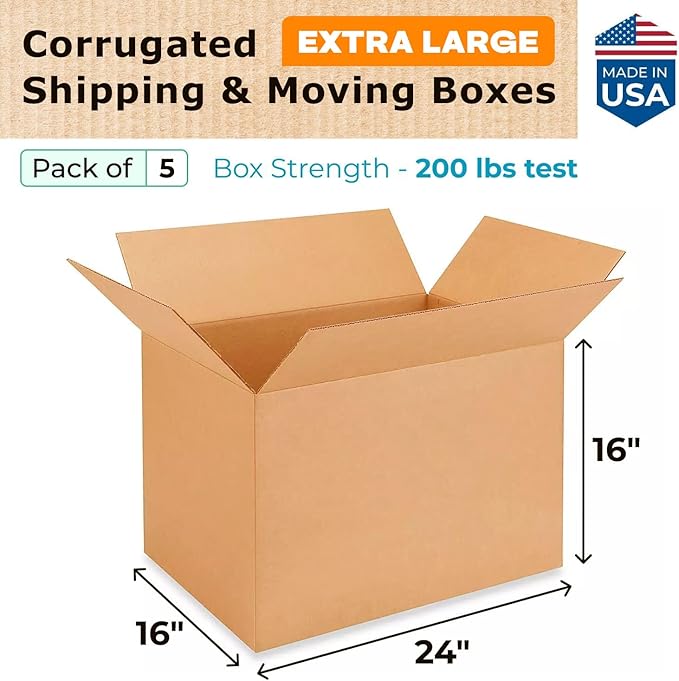 Extra Large Shipping & Moving Boxes 24 x 16 x 16 inches (5-Pack) - Extra Strength 200 lb vs Regular - Corrugated Strong Packing Boxes for Moving - Large Cardboard Box by IDL Packaging