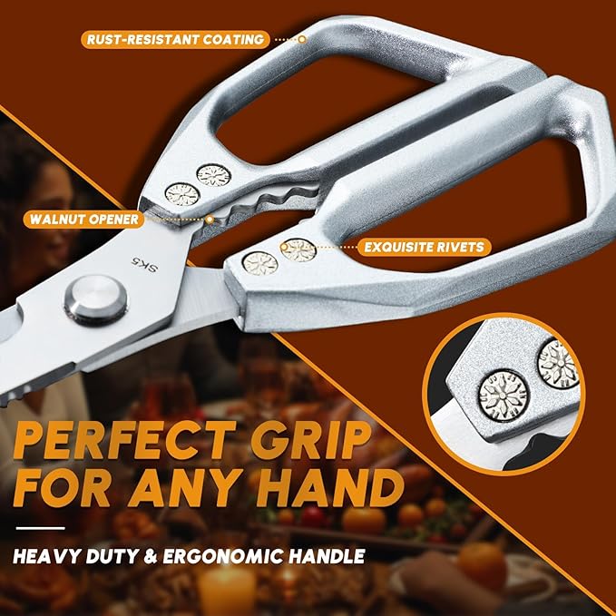 HUUSK Kitchen Scissors and Cooking Tong Set - Silver Kitchen Shears for Food with Stainless Steel BBQ Tongs, Japanese Style Dishwasher Safe Meat Scissors for All Purpose, Gifts for Men Women