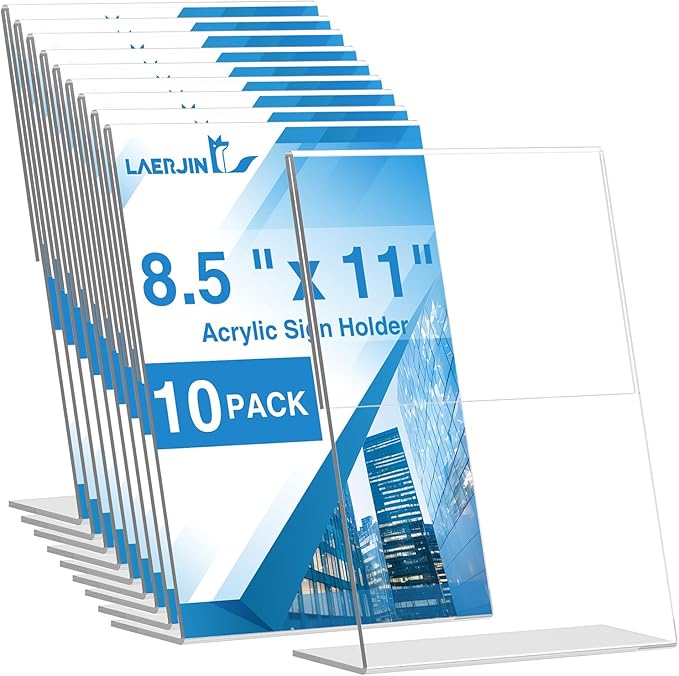 Laerjin Acrylic Sign Holder 8.5 x 11 - 10 Pack Clear Slanted L-Shaped Display Stand, Flyer & Menu Frame, Side Loading Paper Signage Holder - Office, Restaurant, Trade Show Use