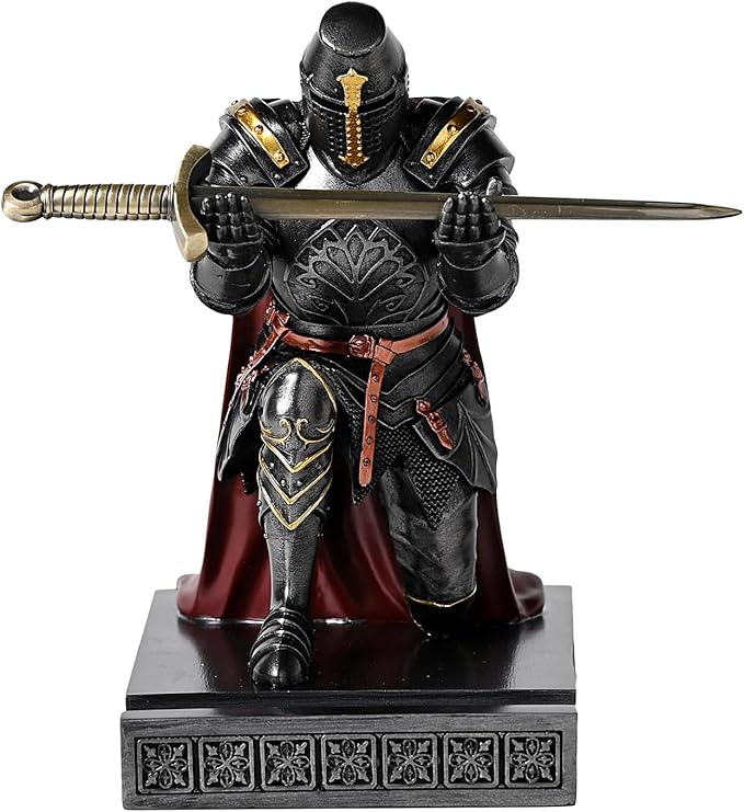 NCQIXIAO Medieval Templar Vanguard Officer Knight Pen Holder Pen Stand Desk Organizers and Accessories Resin Mobile Phone Stand as Gift for Office and Home Desk Organizer (Iron)