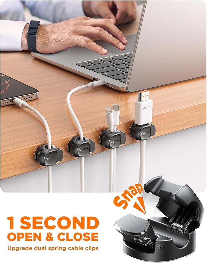 8Pack Cord Organizer [Dual Spring & Clasp, Max Secure] Cable Clips - Chfeila Cable Management, Adhesive Phone Charging Wire Holder for Nightstand/Wall, Home Office Desk Accessories Decor Essentials