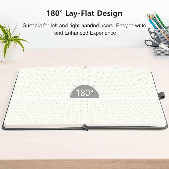 RETTACY Bullet Dotted Journal Notebook, 320 Numbered Pages, A5 Medium Size (5.7'' × 8.3''), Leather Hardcover, 100 GSM Thick Paper, for Bullet Journaling, Planning, Tracking (Black)