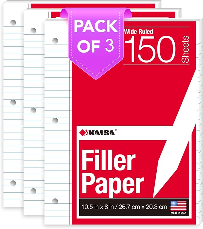 KAISA Filler Paper Loose Leaf Paper, Wide Ruled Paper, 8"x10-1/2", 3-Hole Punched Binder Paper For 3-Ring Binders,150 Sheets/pack 3Pack, F15001W