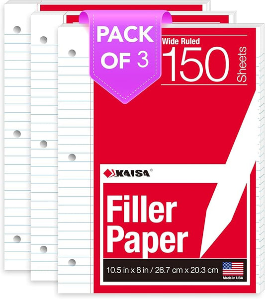 KAISA Filler Paper Loose Leaf Paper, Wide Ruled Paper, 8"x10-1/2", 3-Hole Punched Binder Paper For 3-Ring Binders,150 Sheets/pack 3Pack, F15001W