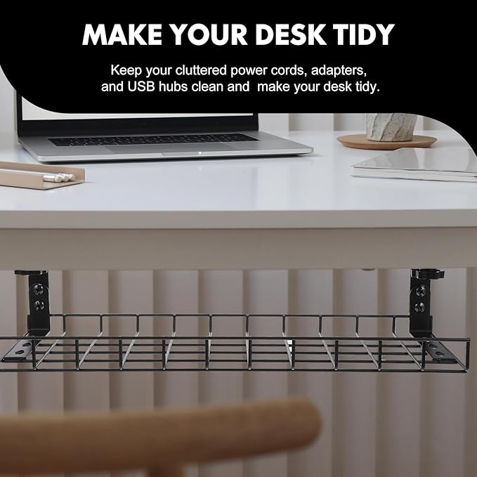 SEWCHICS Under Desk Cable Management Tray Cable Organizer Rack No Drill Black 500Mm Large Capacity Cord Holder for Office and Home Desk Storage