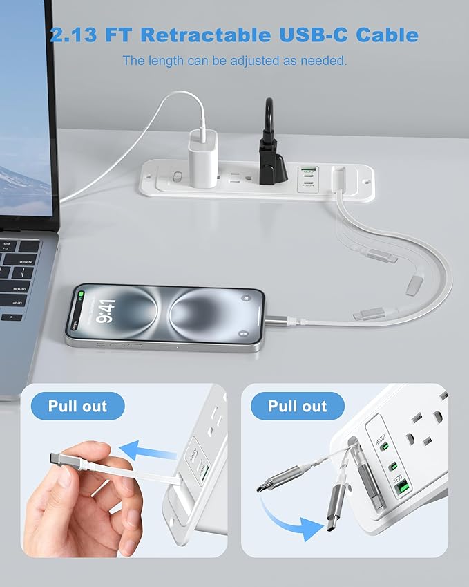 Recessed Power Strip with Retractable USB C Cable,2 PD 20W USB C,Flush Mount Countertop Drawer Outlet, Furniture Hidden Outlet for Side Table,End Table,3 Outlets (White, 6FT-20W USB)