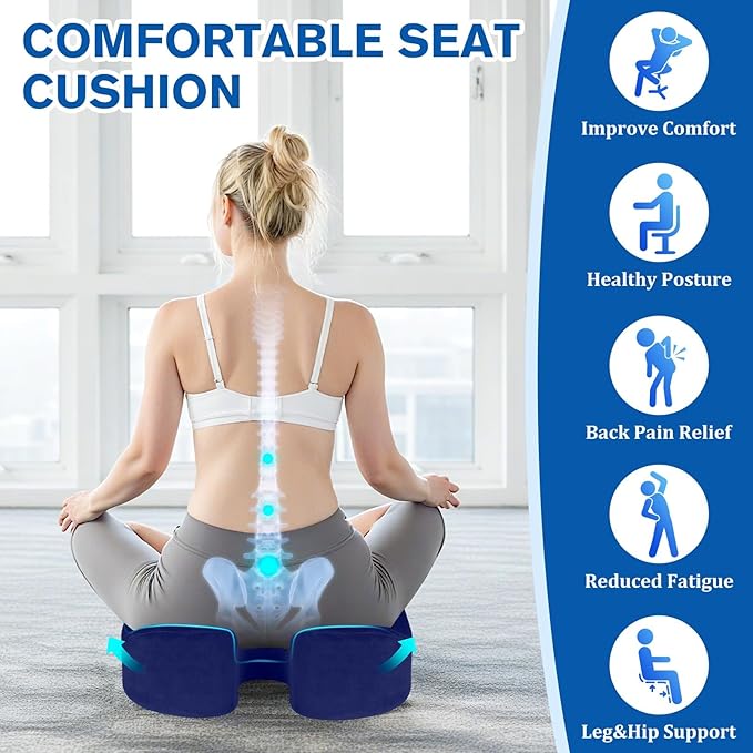 CushyOasis Seat Cushion, Gel Chair Cushions, Office Chair Cushions, Anti-Slip Bottom & Removable Cover Tailbone Pain Relief Cushion, Memory Foam Seat Cushion, 5.28 in Thick (Blue)