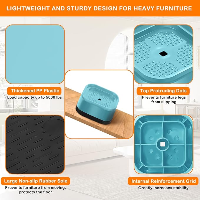 shouwuhho 4 Pack Furniture Risers Adjustable Bed Risers Heavy Duty Lifts Height 1", Square Stackable Bed Risers 1, 2 or 3 Inch for Desk Leg Table Couch Sofa Chair Bed Frame Legs Dorm, Blue