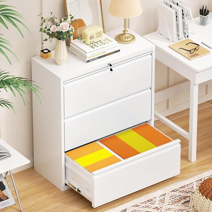INTERGREAT 3-Drawer White Lateral File Cabinet, Locking Metal Lateral Filing Cabinets with Lock, 28" W Horizontal Storage Cabinet with Adjustable Shelves for Home & Office