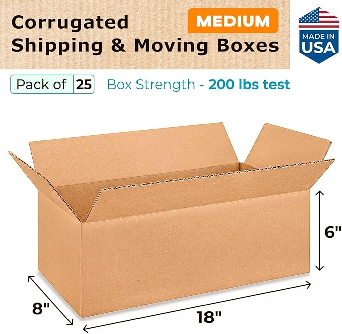 Medium Shipping & Moving Boxes 18"L x 8"W x 6"H (25-Pack) - Extra Strength 200 lb vs Regular - Corrugated Packing Boxes for USPS/UPS/FEDEX - Medium Box - Moving Box Heavy Duty by IDL Packaging