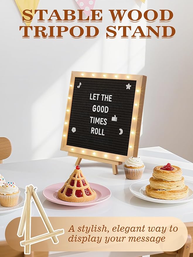 Changeable Felt Letter Board with LED Lights - 10×10" Message Custom Signs & Wood Stand & 450 Letters, Poster Board for Valentine's Day/Baby/Pregnancy Announcement/Classroom Wall Decor Gifts, Black