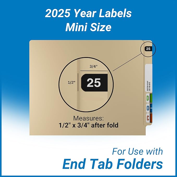 2025 MINI Year Labels, Doctor Stuff 2025 Chart Stickers, Black Color Coded, Ames Small Style, USA Made Year Stickers for End Tab File Folders, 500/Roll, 1 Roll, 1/2" x 1-1/2"