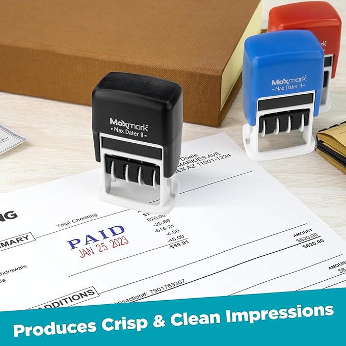MaxMark Self-Inking Rubber Date Office Stamp with Due by Phrase & Date - Blue Ink (Max Dater II), 12-Year Band