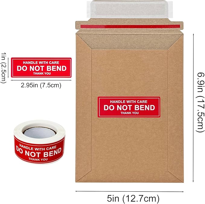 Neehows 100 Pack 5x6.9" Rigid Mailers Cardboard Envelopes, 400GSM Kraft Photo Mailers Shipping Envelope with "DO NOT BEND" Labels, Small Stay Flat Self Seal Document Envelope for Trading Cards- Brown