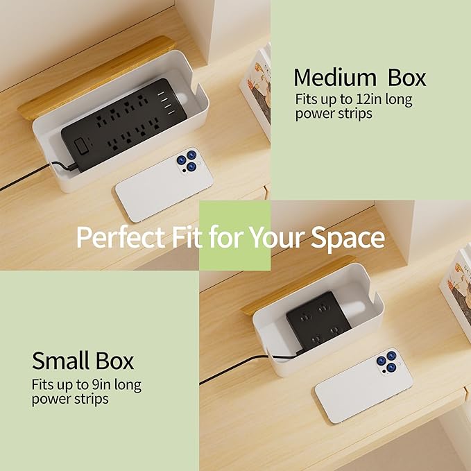 YECAYE 2 Pack Cable Management Box, Wooden Lid & Plastic Body, Medium and Small Cord Organizer Box – Power Strip Cord Organizer, Cable Hider for Home & Office– Baby Proofing