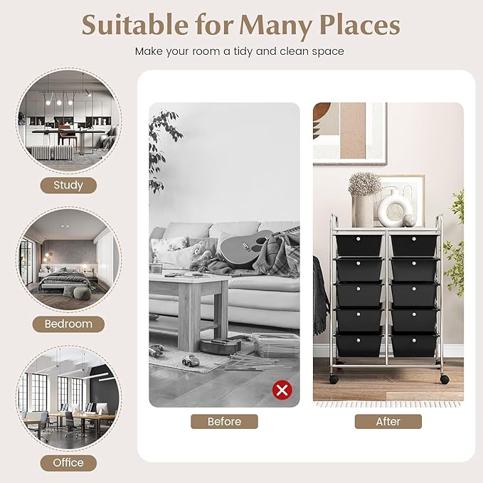LDAILY 10 Drawer Rolling Cart, Storage Cart Organizer on Wheels, Drawer Cart with Metal Frame & Large Storage Capacity, Rolling Cart with Drawers for Living Room Classroom, Office