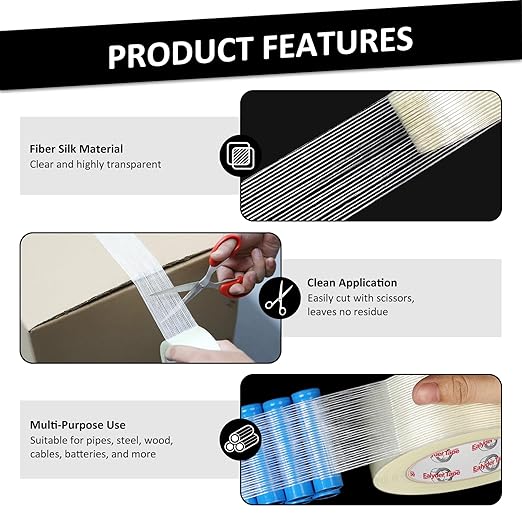 Ealyder Tape 2 Inch x 30 Yards Transparent Reinforced Fiberglass Tape – 5.5 Mil Filament Strapping Tape, Adhesive Heavy Duty