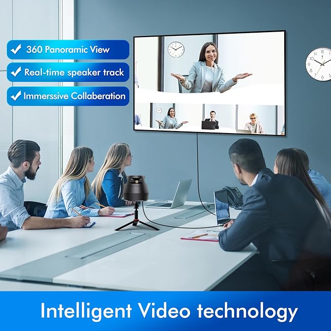Meeteasy 360 Conference Camera, Immersive Video Conference Experience, Both Overall and Speakers’ Close-up View, Conference Room Webcam 1080P for Small/Mid-Size Rooms, Micro SD Slot Equipped