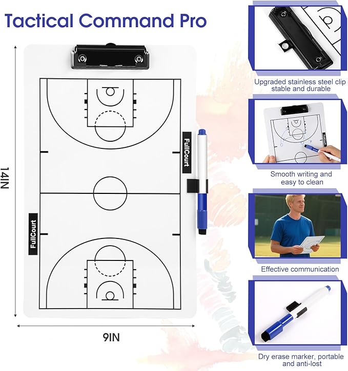Double-Sided Basketball Coaching Clipboard & Dry Erase Whiteboard for Coaches | Built-in Marker Holder & Sturdy Pro Markers | Portable Durable Tactical Board for Court Training