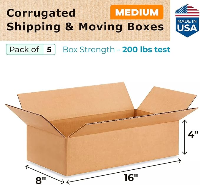 IDL Packaging - B-1684-5 Small Corrugated Shipping Boxes 16"L x 8”W x 4"H (Pack of 5) - Excellent Choice of Strong Packing Boxes for USPS, UPS, FedEx Shipping