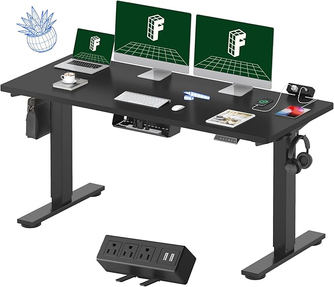 FLEXISPOT EN2 Whole-Piece Standing Desk with Clamp Power Strip, 60 x 24 Electric Stand Up Height Adjustable Desk with Cable Management (Black Frame + 60" Black Top, 2 Packages)