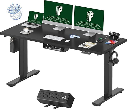 FLEXISPOT EN2 Whole-Piece Standing Desk with Clamp Power Strip, 60 x 24 Electric Stand Up Height Adjustable Desk with Cable Management (Black Frame + 60" Black Top, 2 Packages)