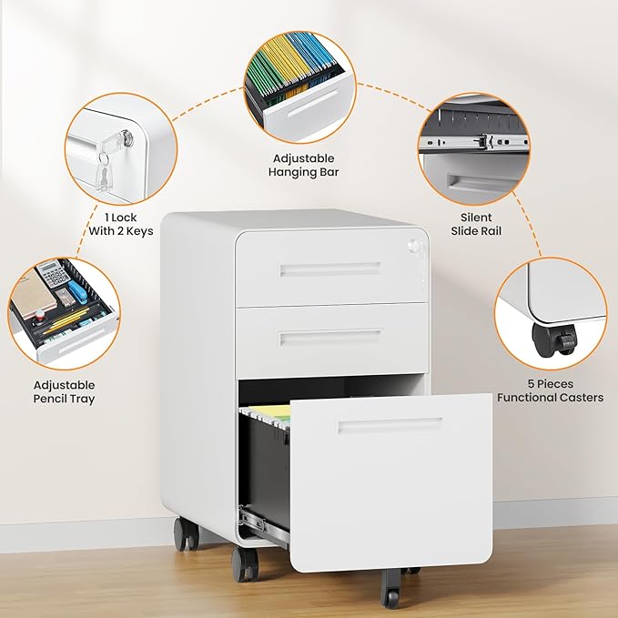 AFAIF 3 Drawer File Cabinet, Fully Assembled Mobile File Cabinets with Lock for Home Office, Metal Rolling Filing Caninet on Wheels, Three Drawer Under Desk Cabnet for Letter/Legal / A4 - White
