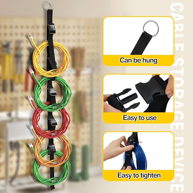 Wowangce 4 Pcs Extension Cord Organizers and Storage Garage Extension Cord Holder with 5 Slots Organizer Black Cord Organizer Straps for Vertical Space Cable Hose Rope String Lights