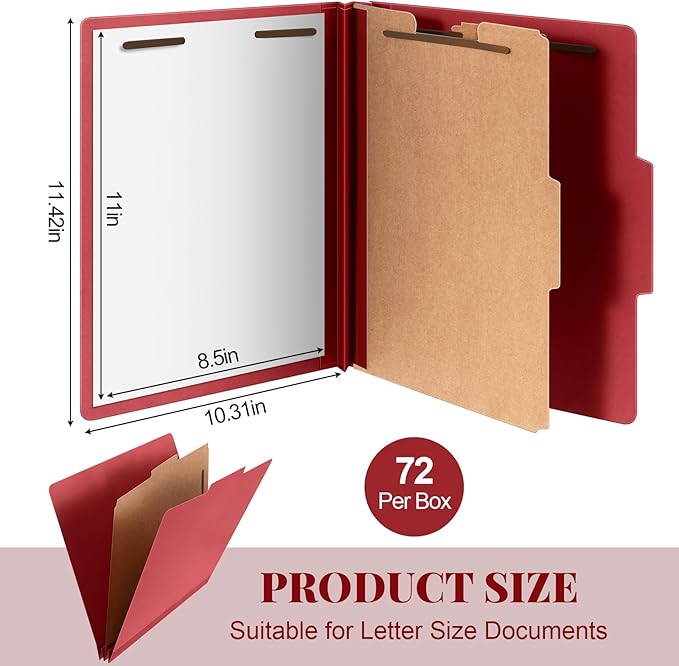 Skyygemm 72 Pcs Classification Folders Letter Size, 1 Divider Pressboard File Folder with Fasteners, Expanding File Organizer Bulk for School Teachers, Office Employee, Coworker, Staff (Red)