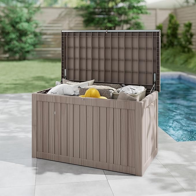 Yardgrace 270 Gallon Outdoor Storage Box Waterproof, Resin Deck Boxes with Lockable Lid & UV-Resistant for Patio, Pool, Garden Furniture Cushions & Accessories, Coffee
