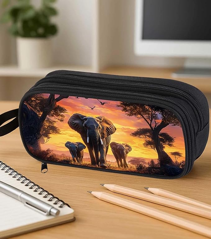 AnySmic Elephant Pencil Case for Boys Girls, Large Pencil Pouch for Kids and Students, Polyester Big Capacity Pen Box, Double Zipper, Multi-Slot Pen Bag Organizer